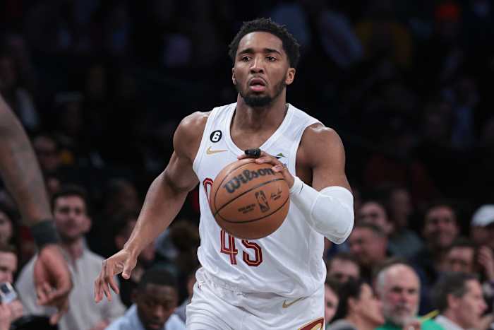 Mar 21, 2023; Brooklyn, New York, USA; Cleveland Cavaliers guard Donovan Mitchell (45) dribbles up court against the Brooklyn Nets during the first quarter at Barclays Center. Mandatory Credit: Vincent Carchietta-USA TODAY Sports